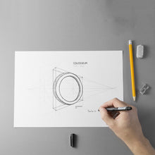 Load image into Gallery viewer, Design of the COLOSSEUM Bangle's project with a hand that draws, eraser and sharpener.