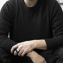 Load image into Gallery viewer, A man wearing the Assembled ring, a combination of Aluminium square ring and MK3 black asymmetric ring