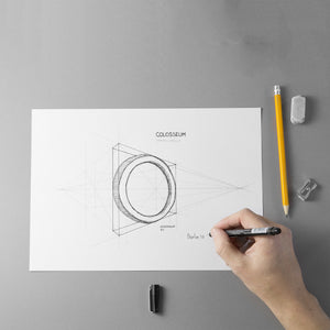 Design of the COLOSSEUM Bangle's project with a hand that draws, eraser and sharpener.