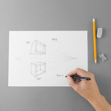 Load image into Gallery viewer, Design of the Urban Olive Design square ring&#39;s project with a hand that draws, eraser and sharpener.